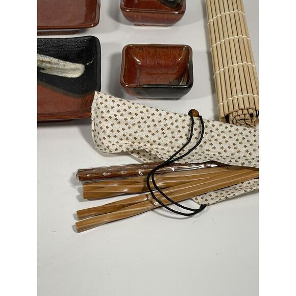 Vintage 12 Pc Hand Painted Japanese Sushi Set Plates Chopsticks Mat Stoneware - Picture 5 of 8